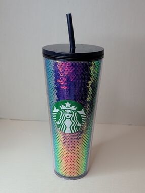 Starbucks Rainbow Sequin Tumbler with Dark Lid and Straw